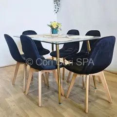 GENERICO - Comedor Rubi Gold 130x80cms + 6 Sillas Capitonne Velvet Negro