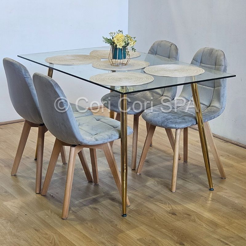GENERICO - Comedor Rubi Gold 130x80cms  + 4 Sillas Capitonne Velvet Gris