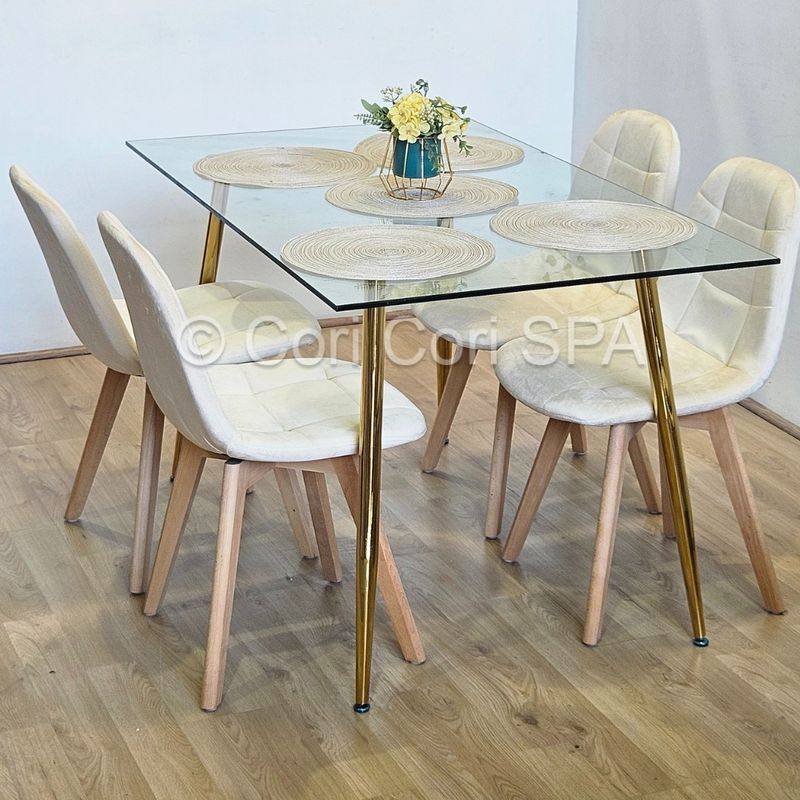 GENERICO - Comedor Rubi Gold 130x80cms  + 4 Sillas Capitonne Velvet Beige
