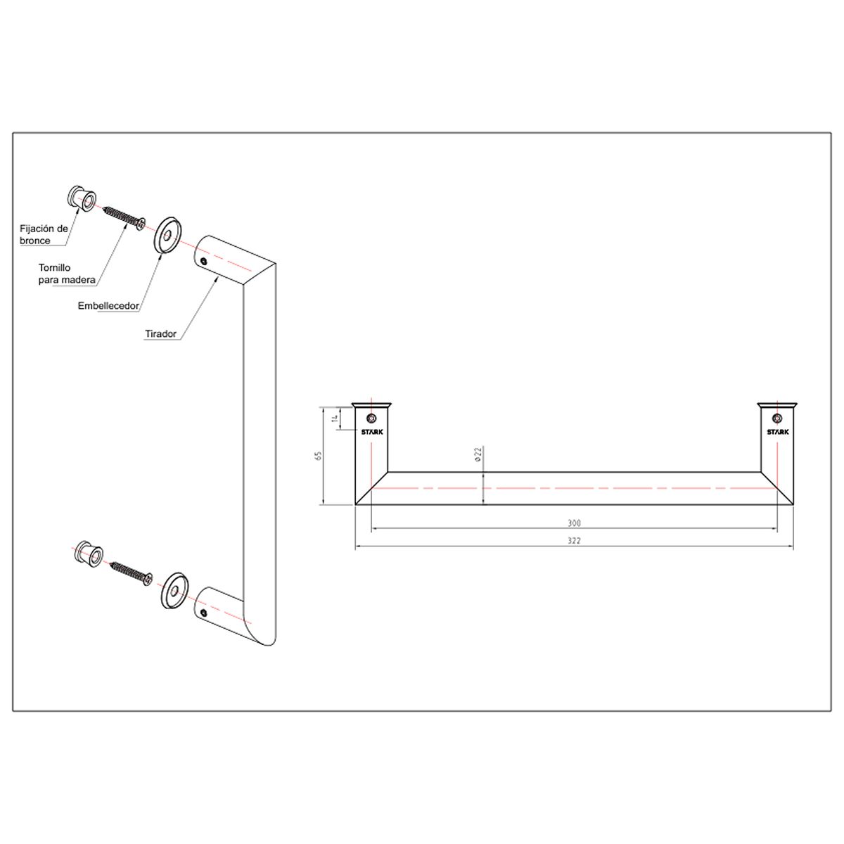 GENERICO - Tirador simple de acero inoxidable 304 Largo 30 cm Stärk Design