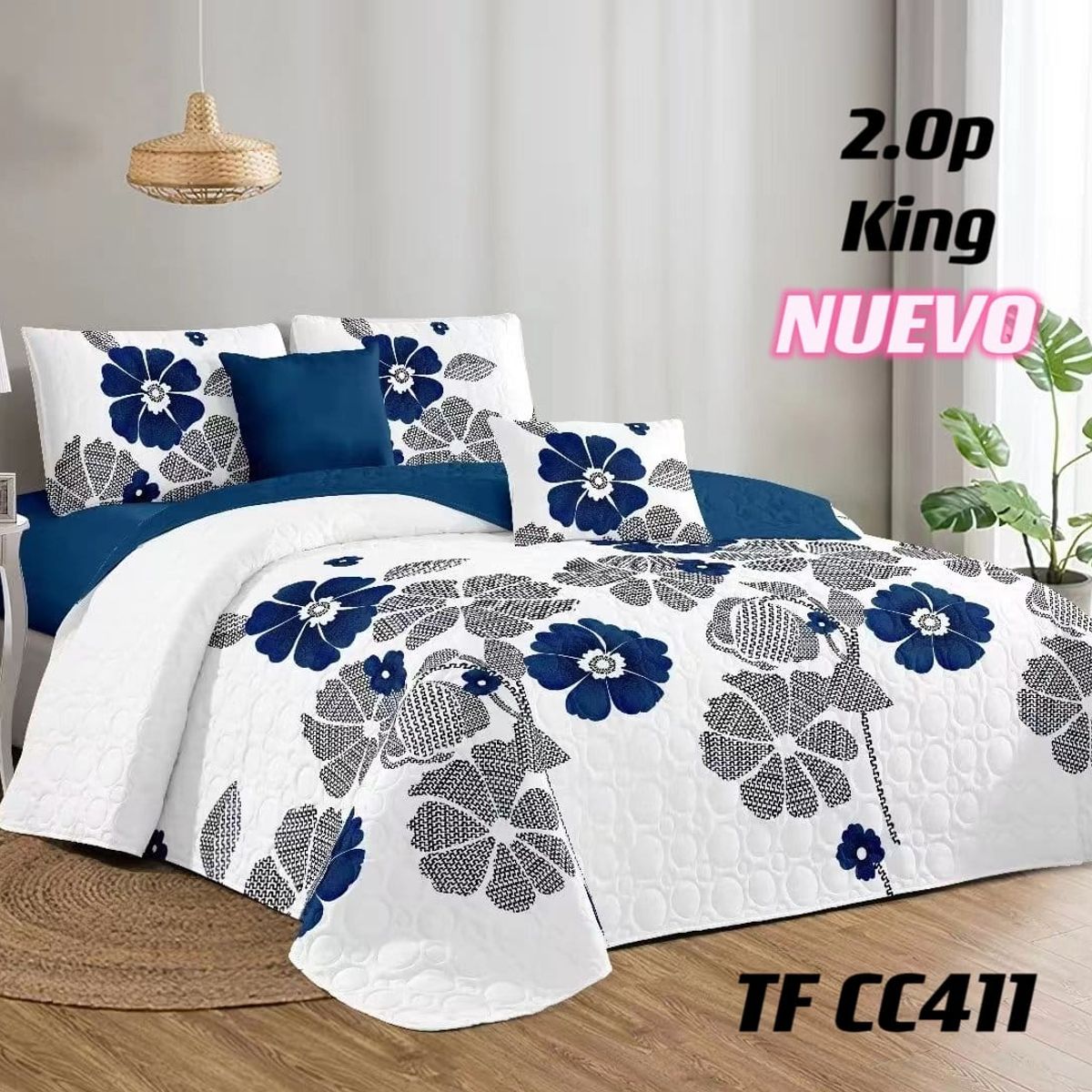 GENERICO - Cobertor Tipo Quilt de Verano 2 Plazas Blanco Flor Azul