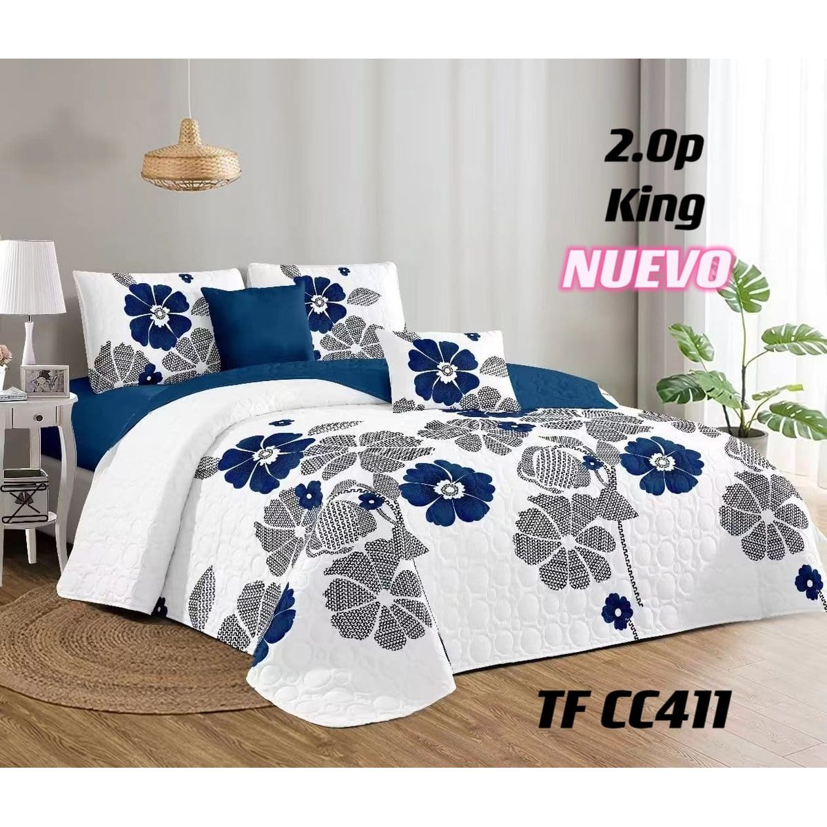 GENERICO - Cobertor Tipo Quilt de Verano 2 Plazas Blanco Flor Azul