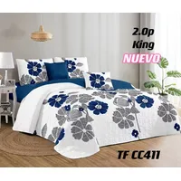 Cobertor Tipo Quilt de Verano 2 Plazas Blanco Flor Azul