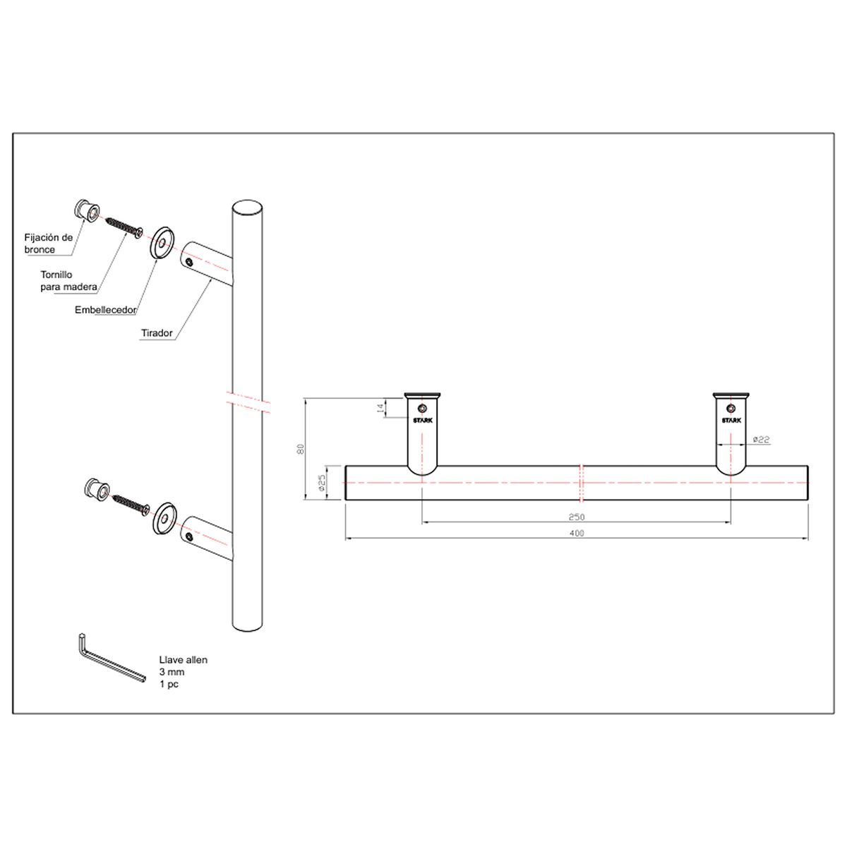 GENERICO - Tirador simple de acero inoxidable 304 Largo 40 cm Stärk Design