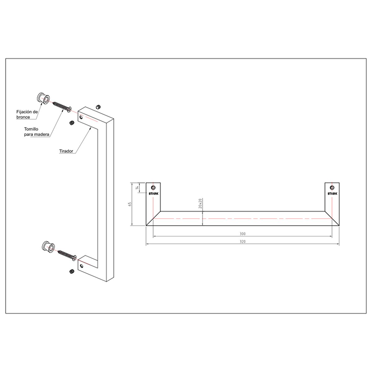 GENERICO - Tirador simple de acero inoxidable 304 Largo 30 cm Stärk Design