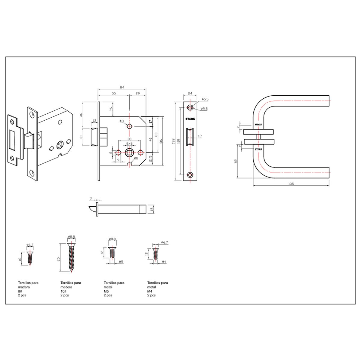 GENERICO - KIT Cerradura de embutir función simple paso MARTI Acero inox Stärk De