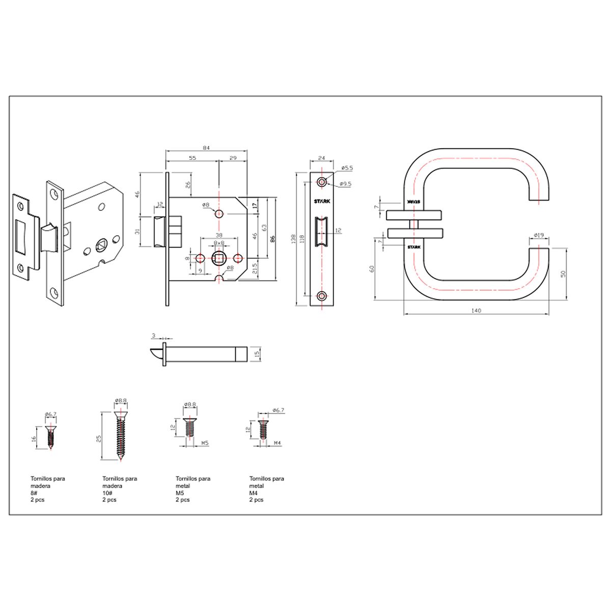 GENERICO - KIT Cerradura de embutir función simple paso TINA Acero inox Stärk Des
