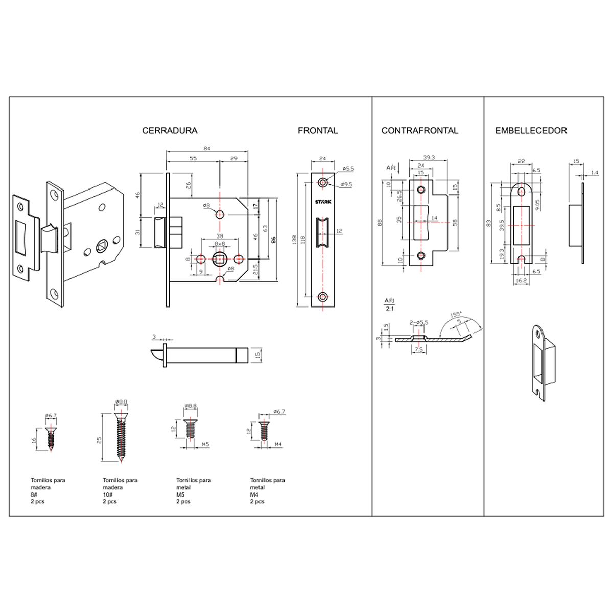 GENERICO - Cerradura de embutir función simple paso Acero inoxidable Stärk Design