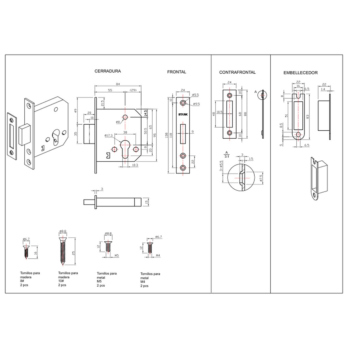GENERICO - Cerradura de embutir de seg Llave ambos lados Acero inox Stärk Design