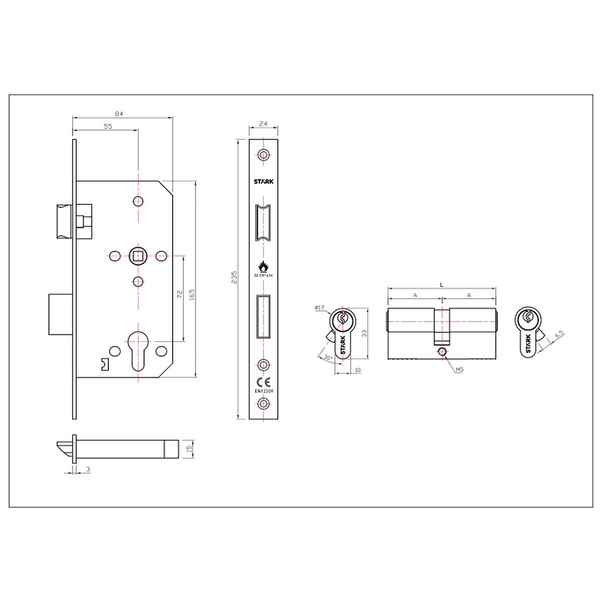 GENERICO - Cerradura de embutir acc princ Llave ambo lado R fuego BL Stärk Design