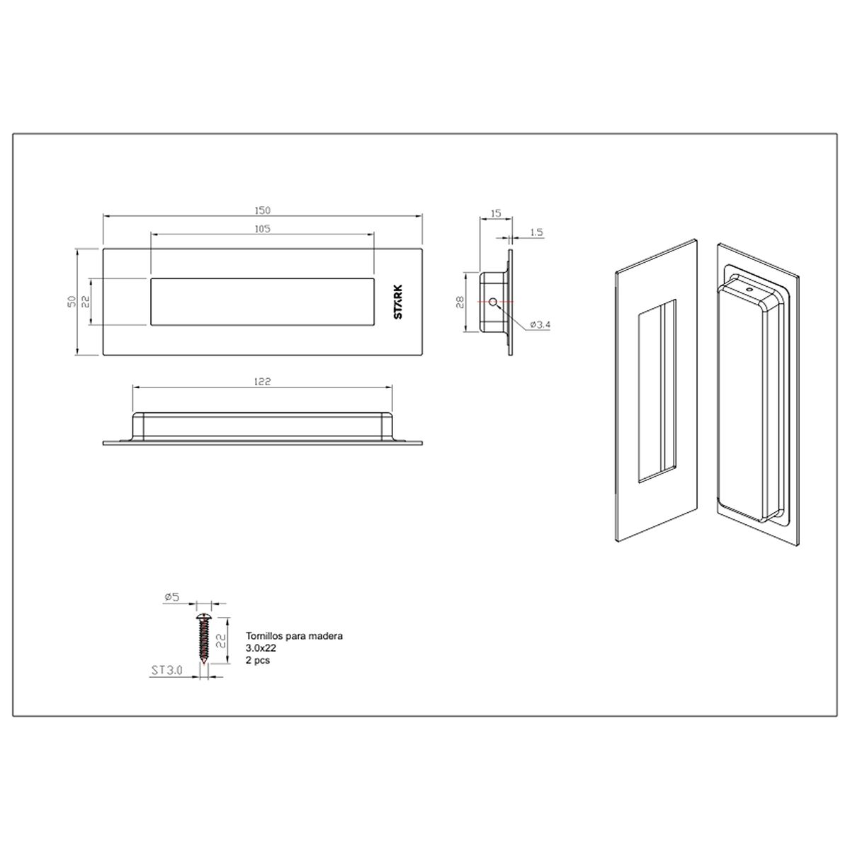 GENERICO - Asa embutida para puertas correderas Acero inoxidable 304 Stärk Design