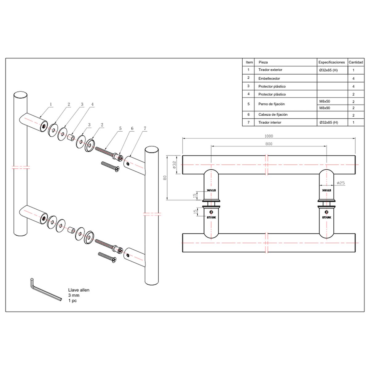 GENERICO - Tirador de acero inoxidable 304 por ambos lados Largo 1 mt Stärk Design