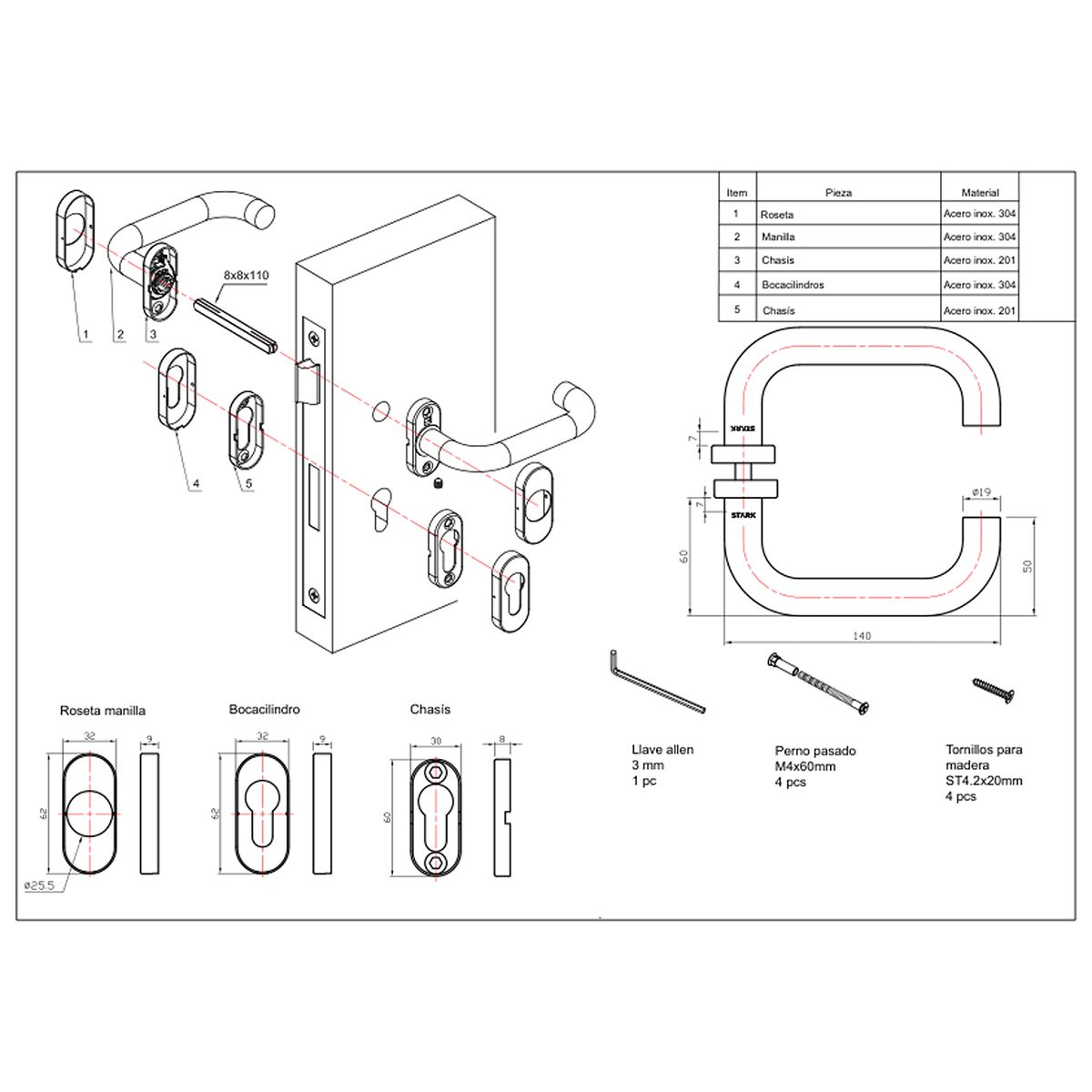 GENERICO - KIT Cerradura de embutir puerta de alum acc prin Llave amb lado Stärk