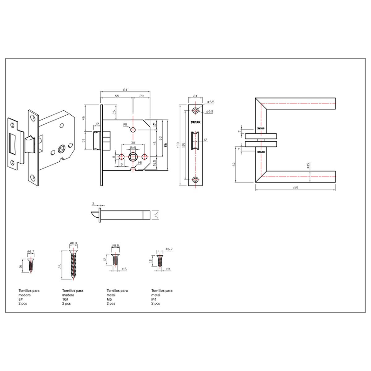GENERICO - KIT Cerradura de embutir función simpl paso Modelo TUTU A inox Stärk D