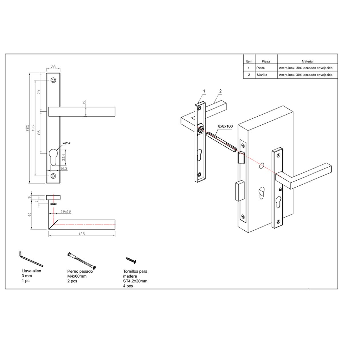 GENERICO - KIT Cerradura de embutir puerta de alum acc prin Llave amb lado Stärk