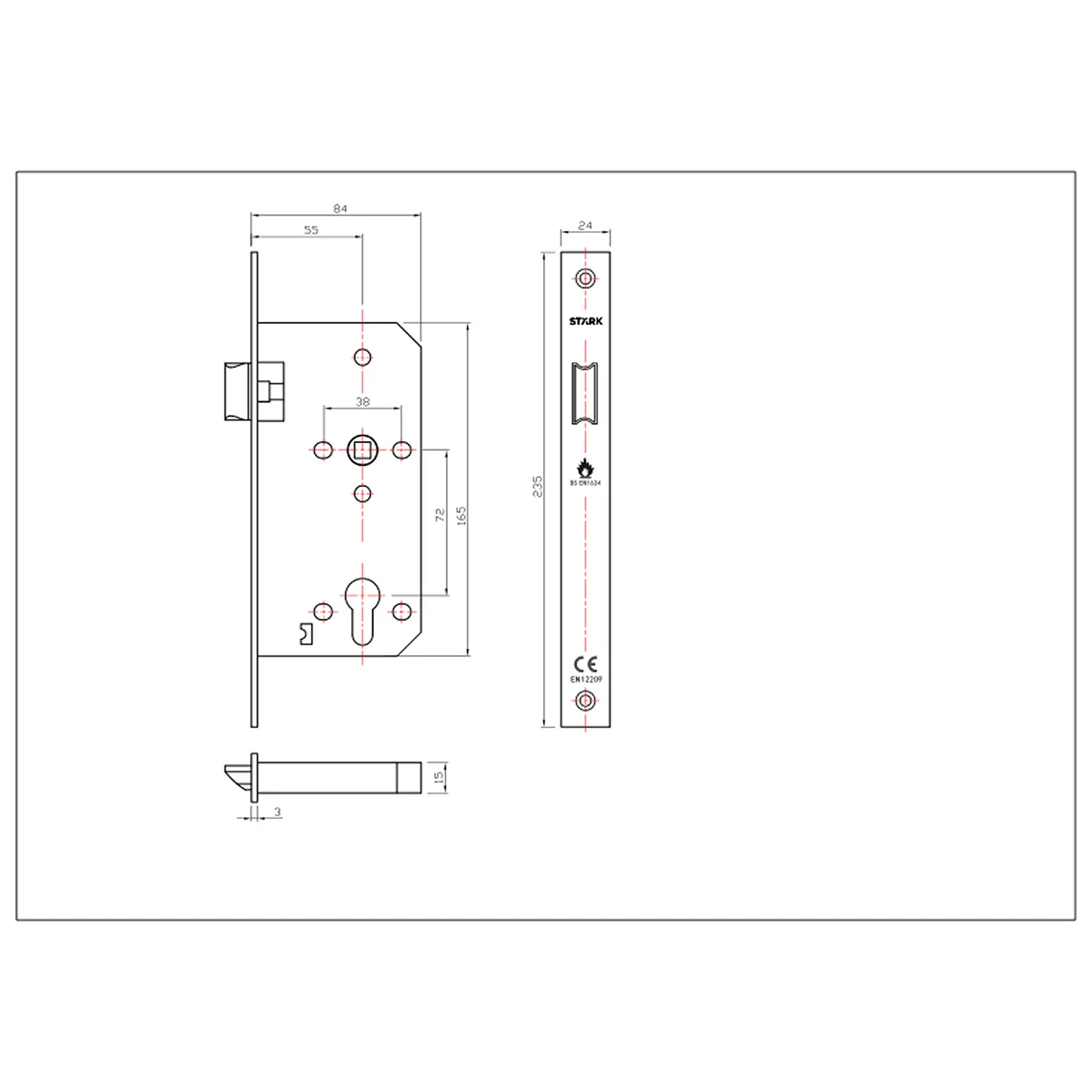 GENERICO - Cerradura de embutir simple paso Resis al fuego Acero inox Stärk Design