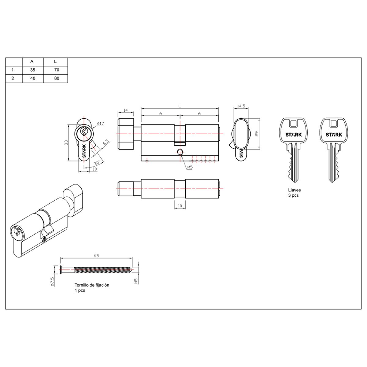 GENERICO - Cilindro 70 mm llaveseguro interior centrado Negro mate Stärk Design