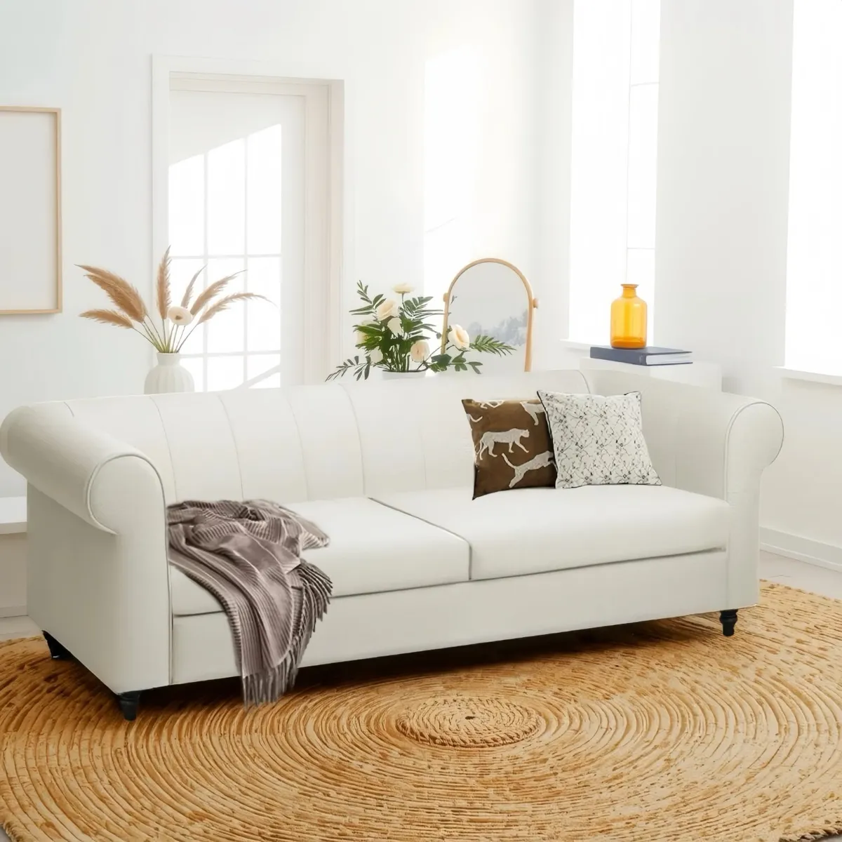 ELEMENT DESIGN - Sofá Karine 3 Cuerpos Tela Beige 214×88×78 CM Retro