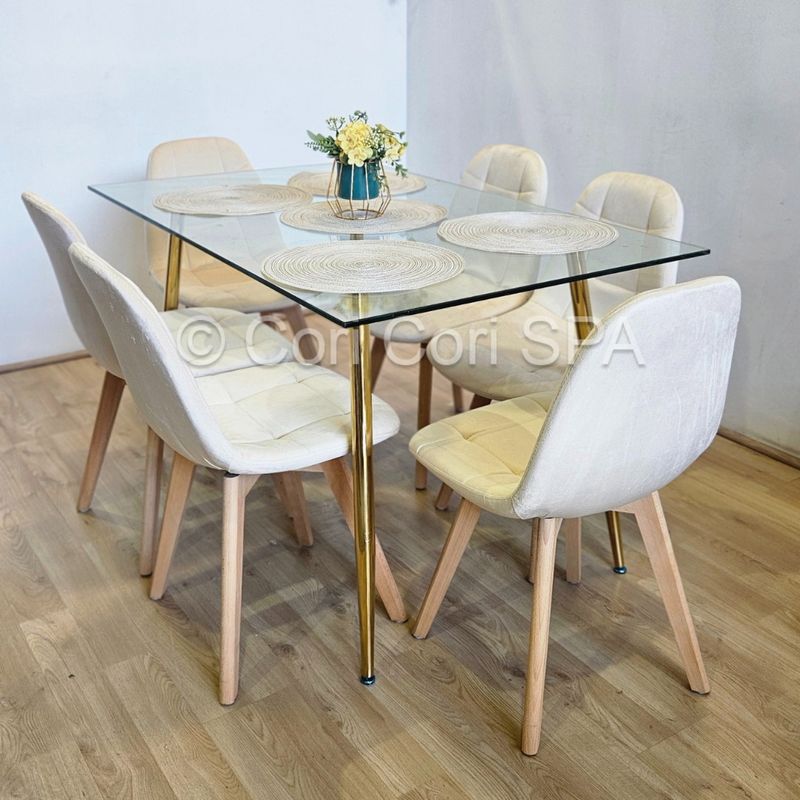 GENERICO - Comedor Rubi Gold 130x80cms  + 6 Sillas Capitonne Velvet Beige