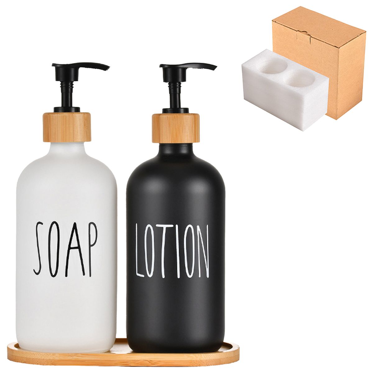 GENERICO - Dispensador Jabón Líquido Manos Vidrio Baño 500ml Set X2 Blanco Negro