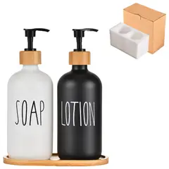 GENERICO - Dispensador Jabón Líquido Manos Vidrio Baño 500ml Set X2 Blanco Negro