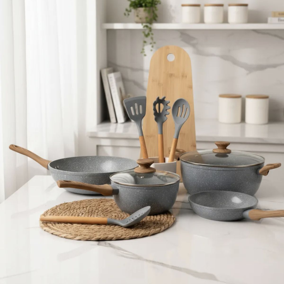 GENERICO - Bateria De Cocina 10 Piezas Antiadherente Ceramica Marmolada