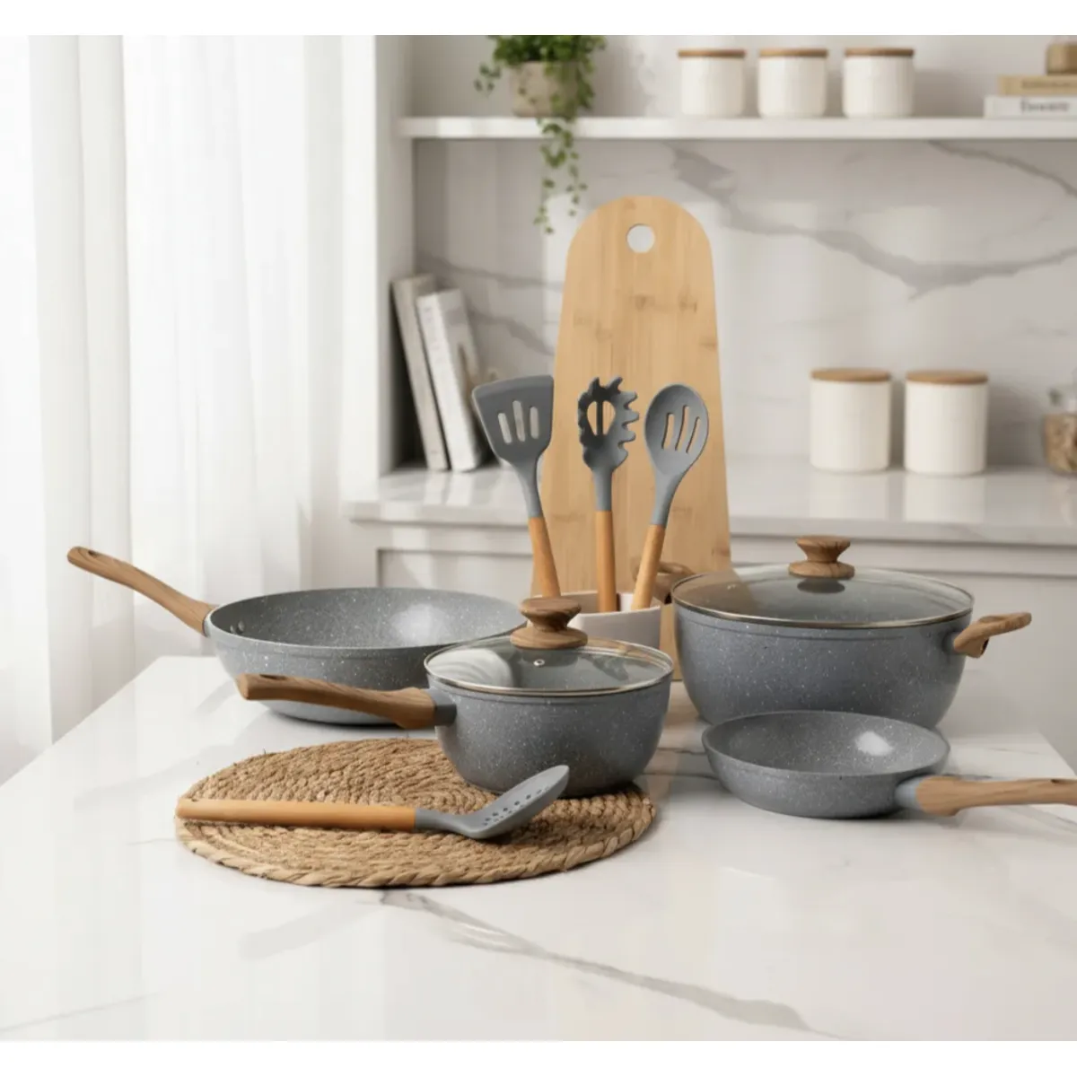 GENERICO - Bateria De Cocina 10 Piezas Antiadherente Ceramica Marmolada