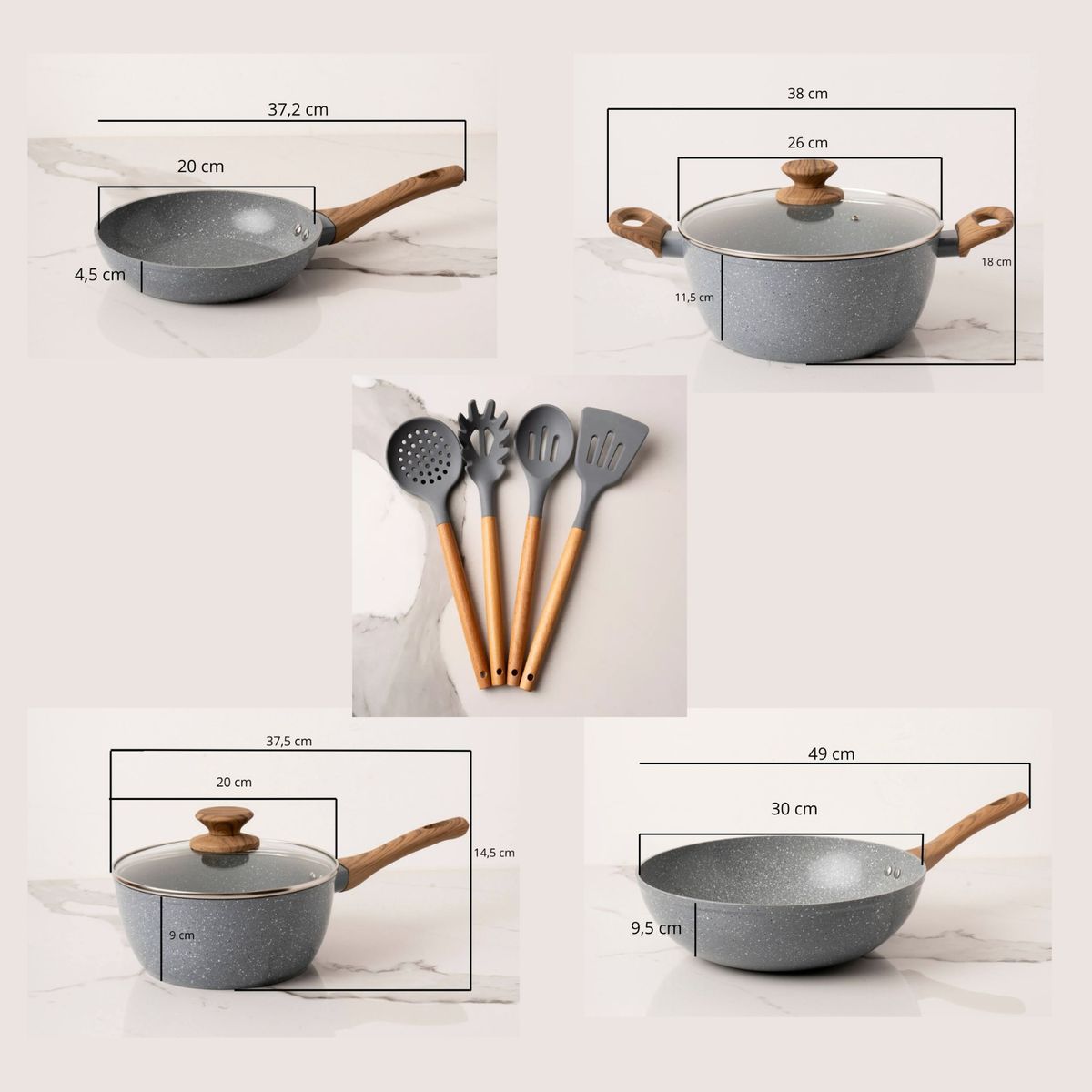 GENERICO - Bateria De Cocina 10 Piezas Antiadherente Ceramica Marmolada