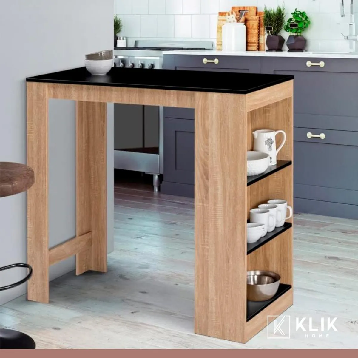 KLIK - Mesa de cocina organizadora alta color madera con cubierta negra