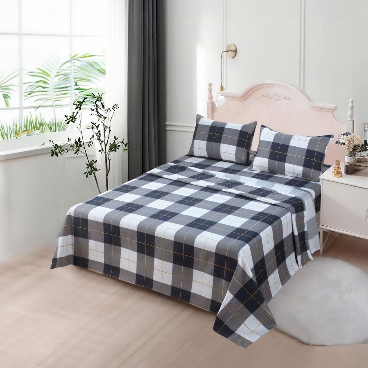 GENERICO - Juego De Sabanas 3.0 Algodon 200 Hilos Cuadrille Negro 618