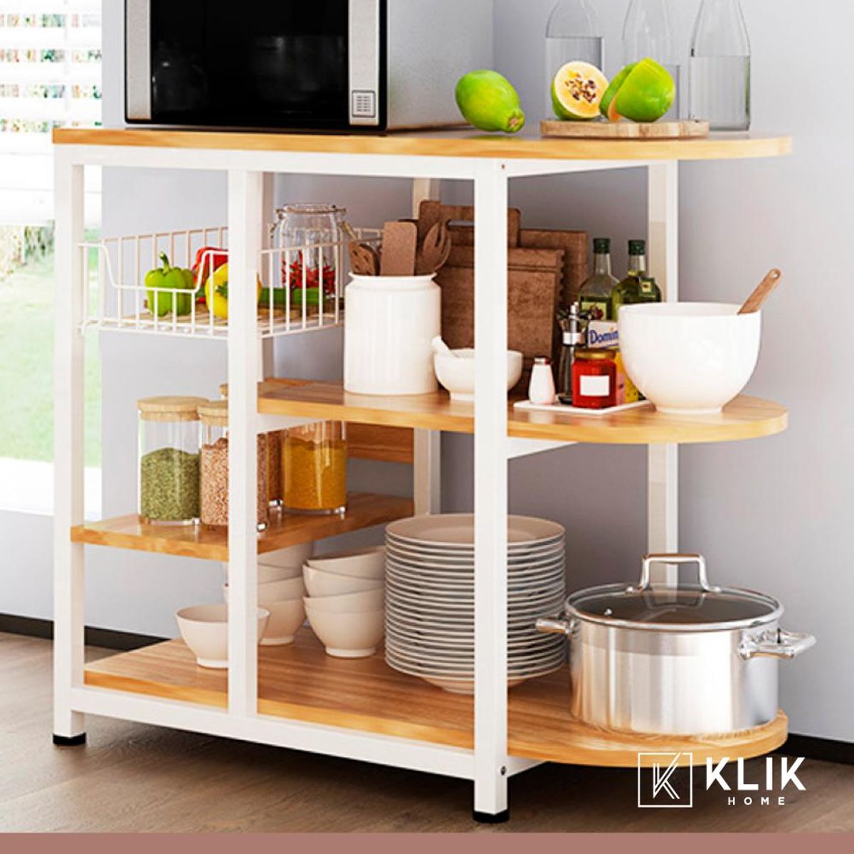 KLIK - Mesa lateral cocina de organización 3 niveles madera clara - Blanca