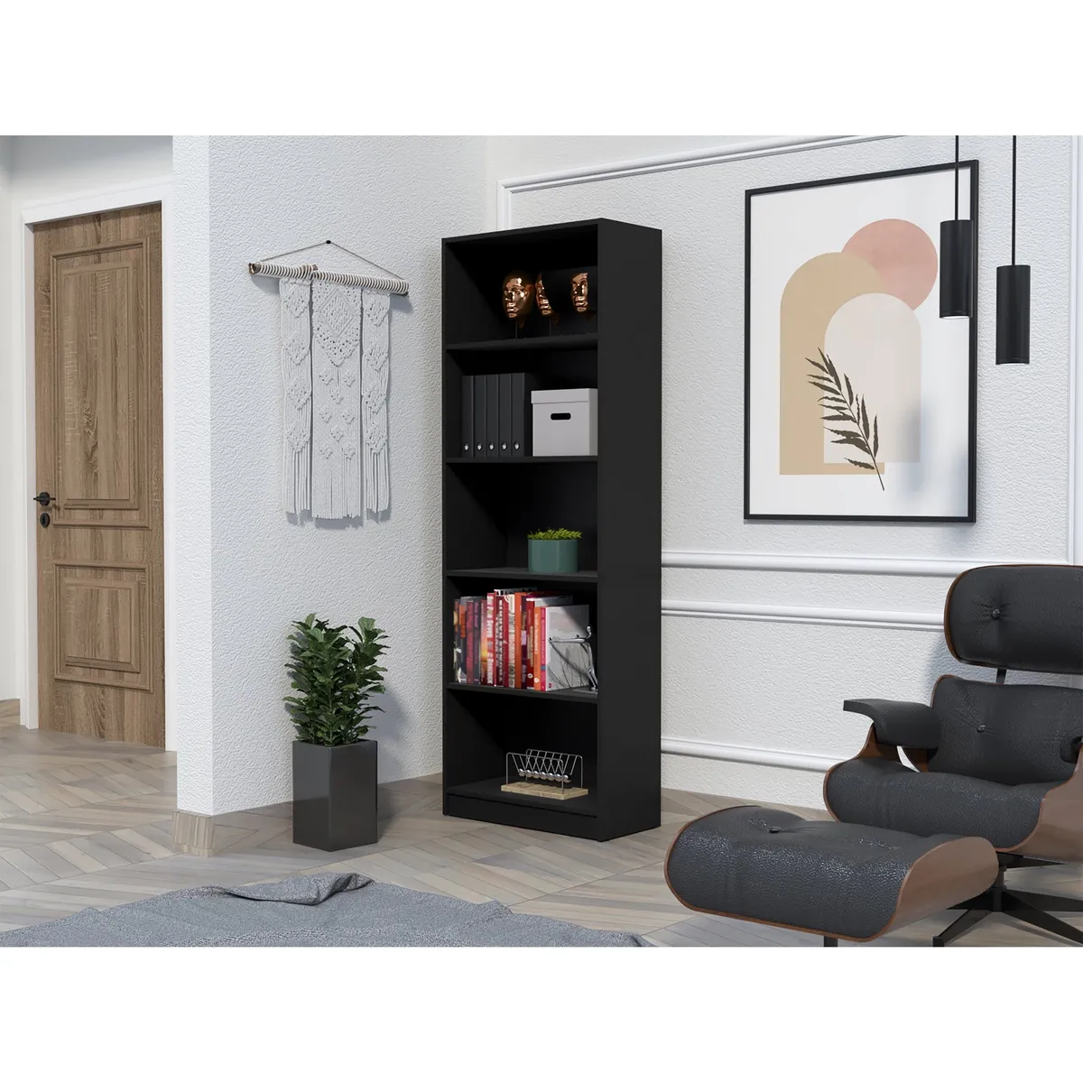 FMFURNITURE - Biblioteca Estante 5 Repisas Melamina - Negro 180.6x62.8x29 cm