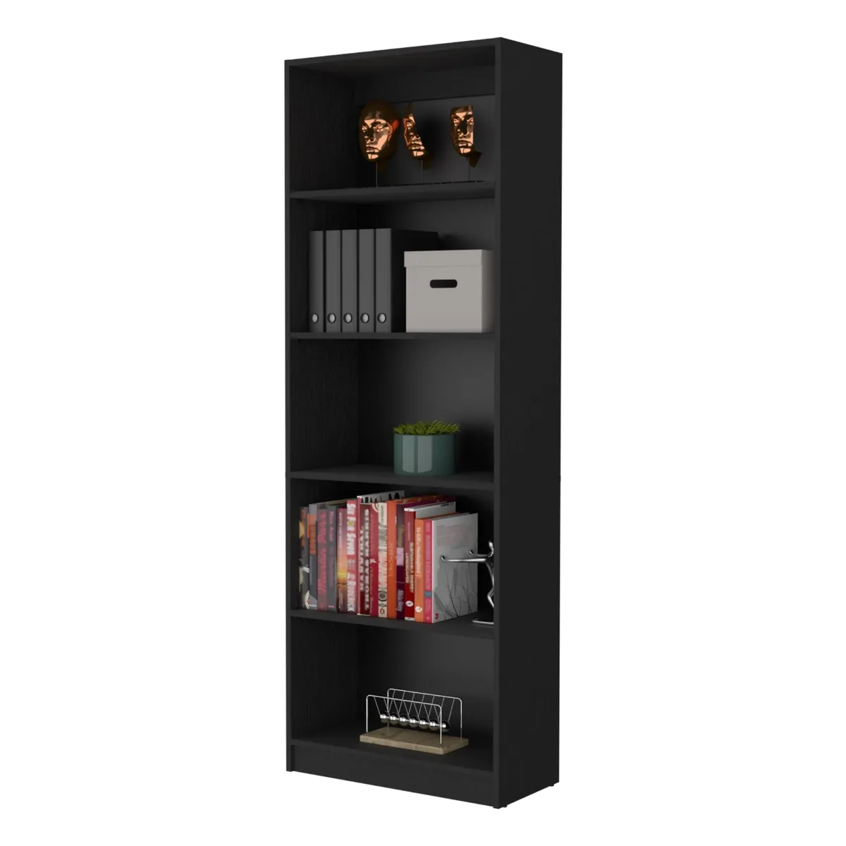 FMFURNITURE - Biblioteca Estante 5 Repisas Melamina - Negro 180.6x62.8x29 cm