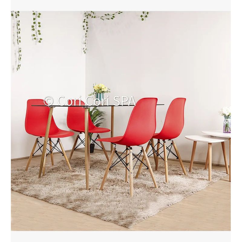 CORI CORI - Juega de Comedor Rubi Vidrio 130x 80cm + 4 Sillas Eames Rojas