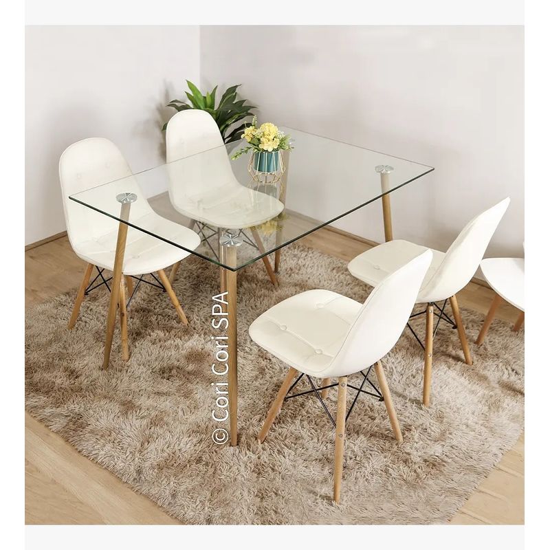 CORI CORI - Juego de Comedor Vidrio 130x 80 cm + 4 Sillas Capitonne Eames Blanca