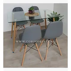 CORI CORI - Juego Comedor Rubi Vidrio 130x 80 cms + 4 Sillas Capitonne Eames Gris