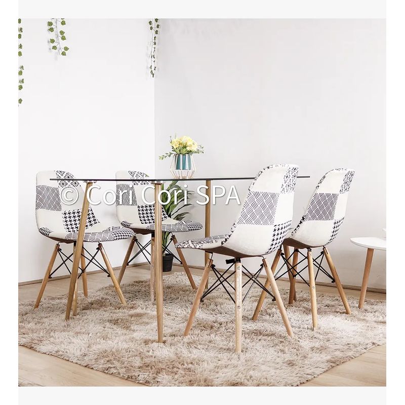 GENERICO - Comedor Rubi 130x80cm + 4 Sillas Eames Patchwork Blanco/negro