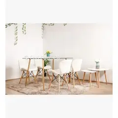 CORI CORI - Juego de Comedor Vidrio 130x 80 cm + 4 Sillas Eames Mariposa Blancas