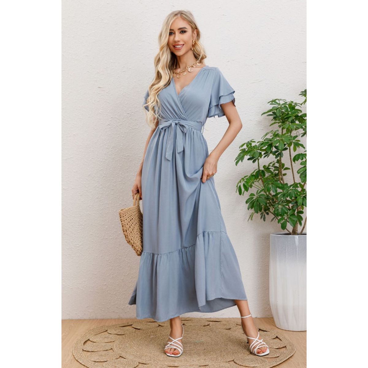 LIKE SHOP - Maxi Vestido Largo Mujer Primavera Premium. Abertura, Cuello V 326