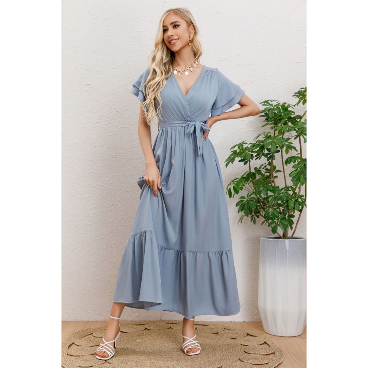 LIKE SHOP - Maxi Vestido Largo Mujer Primavera Premium. Abertura, Cuello V 326