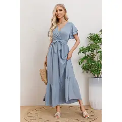 MPROPIA - Maxi Vestido Largo Mujer Primavera Premium. Abertura, Cuello V 326