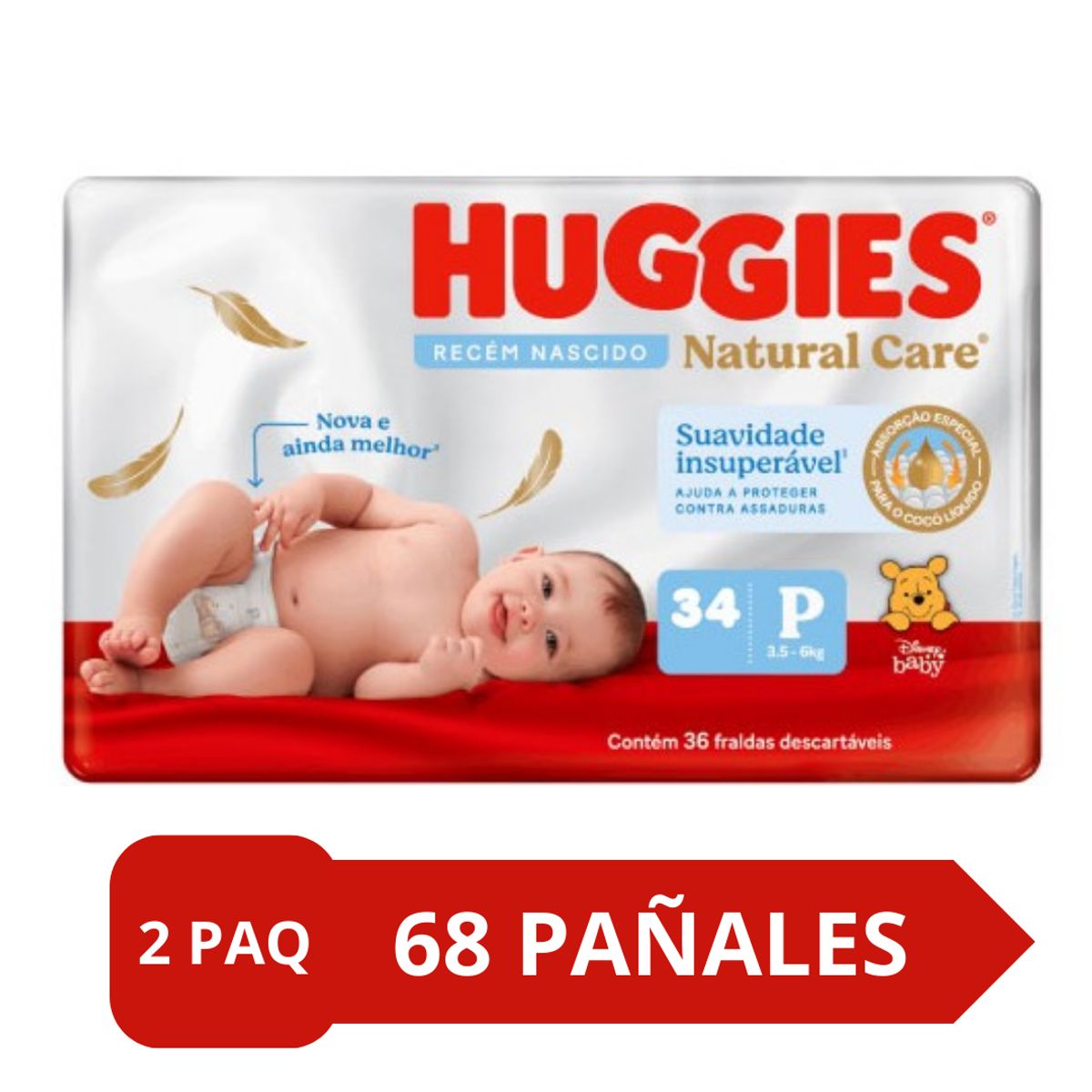 HUGGIES - Pañales Huggies Talla P Natural Care 68und 2 paq 34und