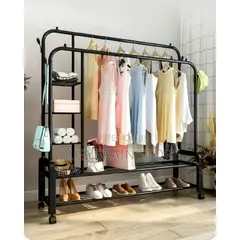 GENERICO - ORGANIZADOR METALICO PARA ROPA COLOR NEGRO DOBLE BARRA CON ZAPATERA