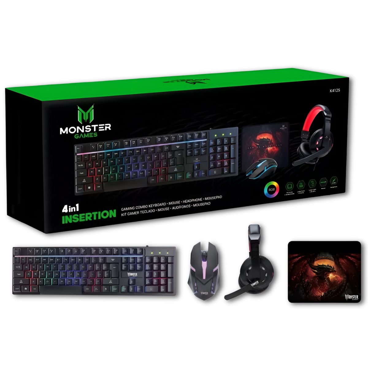 MONSTER - Kit Pro Gamer Teclado RGB + Mouse + Audífonos + PAD K4125