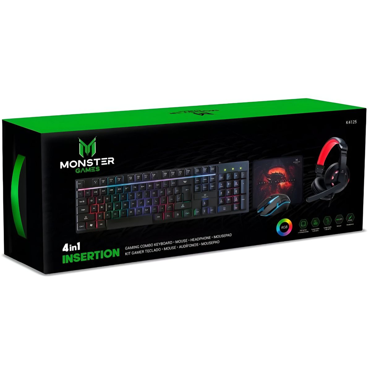 MONSTER - Kit Pro Gamer Teclado RGB + Mouse + Audífonos + PAD K4125