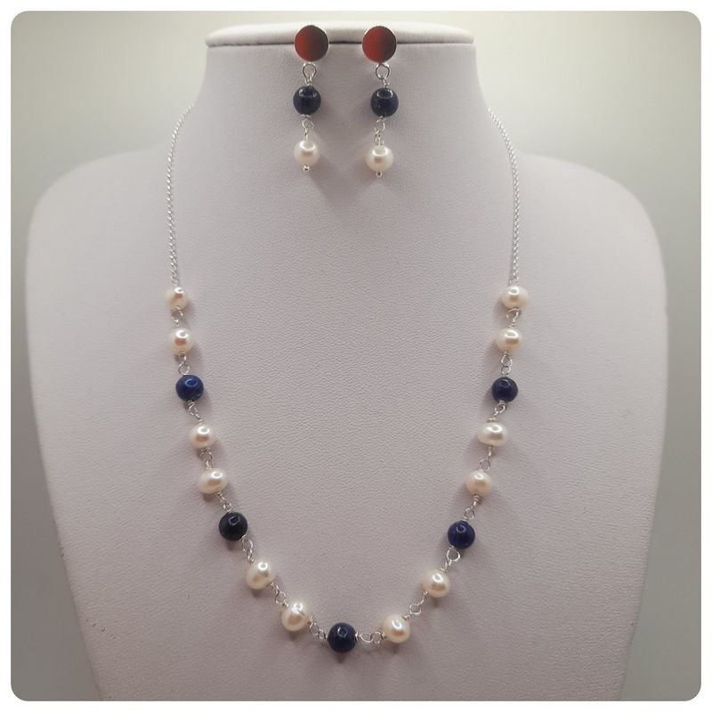 CAT JOYAS - Collar y aros de plata fina con lapislazuli y perlas de río