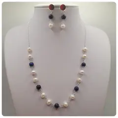 CAT JOYAS - Collar y aros de plata fina con lapislazuli y perlas de río