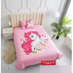 GENERICO - CUBRECAMA DE VERANO QUILT 3D DE 1.5 PLAZA DISEÑO UNICORNIO ROSA WYM