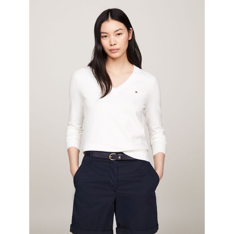 TOMMY HILFIGER - Sweater De Cuello V Con Logo Blanco Tommy Hilfiger