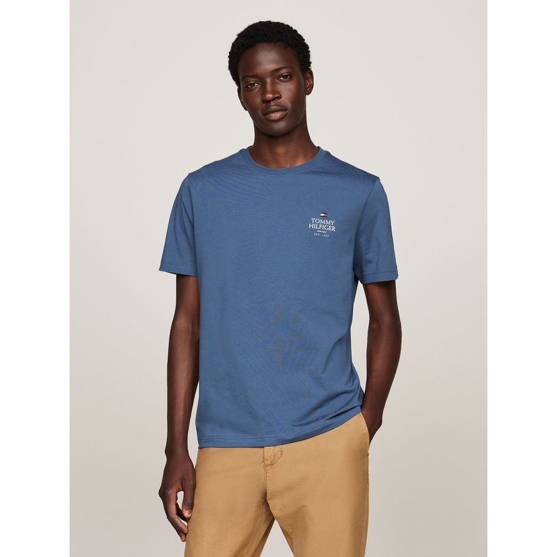 TOMMY HILFIGER - Polera De Cuello Redondo Con Logo Azul Tommy Hilfiger
